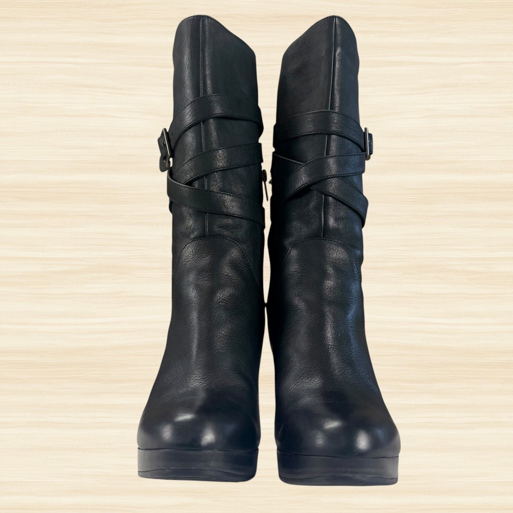 UGG Jardin Black Leather Moto Buckle Strap Mid Calf Heeled Boots Womens 9 - Picture 7 of 13